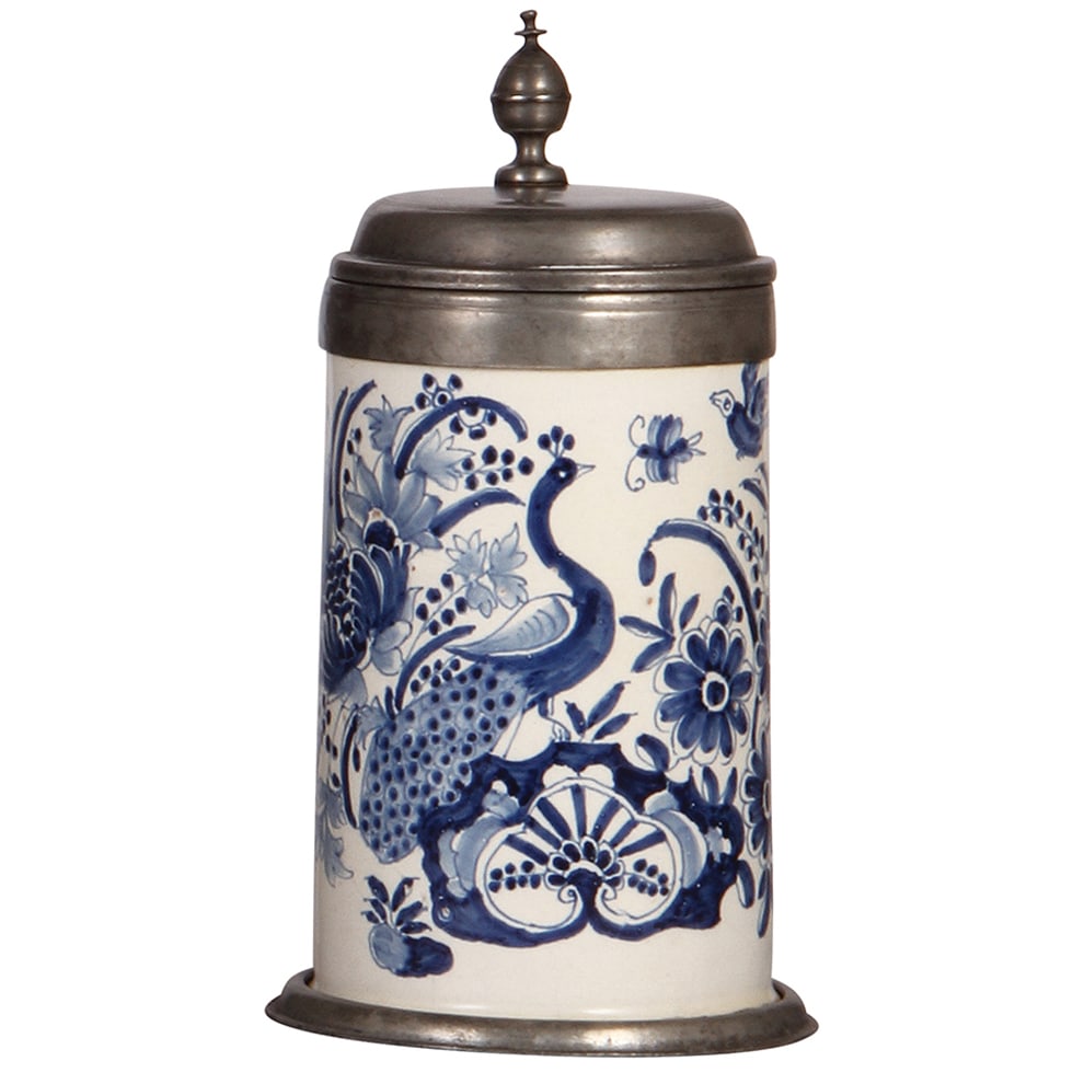 Faience stein, 10.1" ht., Göggingen Walzenkrug, 1748 - 1752 : Faience stein, 10.1" ht., Göggingen Walzenkrug, 1748 - 1752, marked: Göggingen, pewter lid & footring, very rare, excellent repair of the pewter strap, body very good condition.