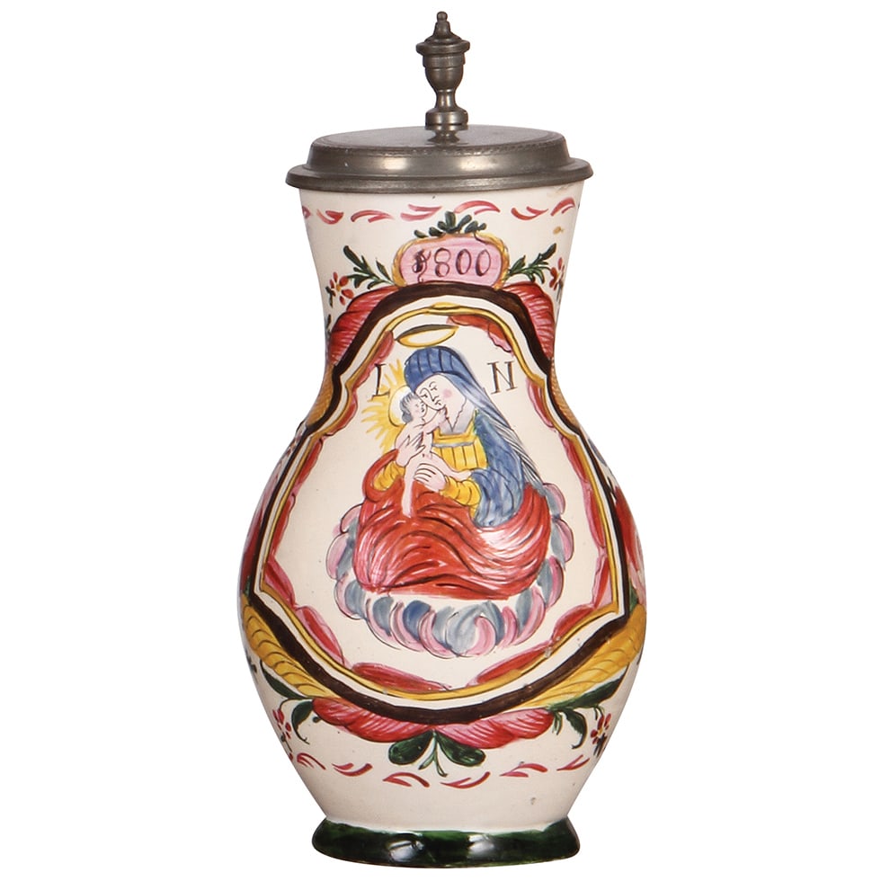 Faience stein, 11.6" ht., dated 1800, Österreichischer Birnkrug : Faience stein, 11.6" ht., dated 1800, Österreichischer Birnkrug, pewter lid, good repair of small chips.