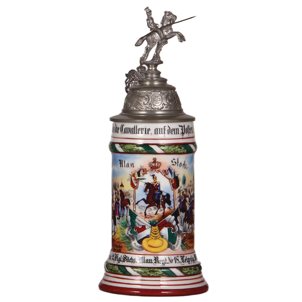 Regimental stein, .5L, Ulanen Regt. Nr 18, Leipzig : Regimental stein, .5L, 11.5" ht., porcelain, 2. Kgl. Sächs. Ulanen Regt. Nr 18, 4. Esk., Leipzig, 1902 - 1905, two side scenes, roster, Saxon thumblift, named to: Ulan Stock, mint.