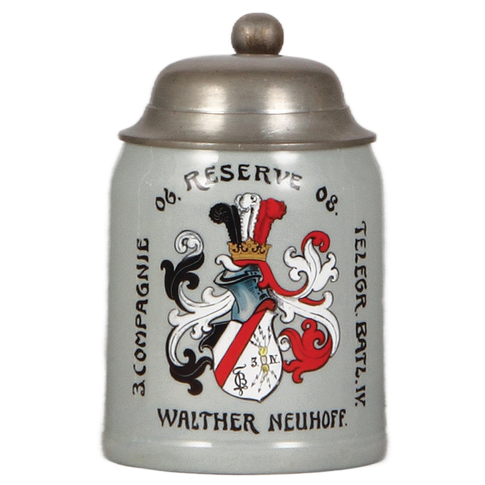 Regimental stein, .5L, Telegr. Batl. IV : Regimental stein, Mettlach, .5L, 1526, hand-painted, 3. Co., Telegr. Batl. IV, 1906 - 1908, Walter Neuhoff, pewter lid, excellent repair of the pewter strap, otherwise mint.
