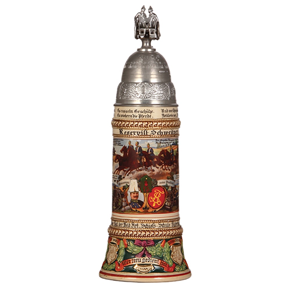Regimental stein, .5L, Lehr. Regt. der Feld Artl. Schiess-Schule Jüterbog & F.A. 15 : Regimental stein, .5L, 13.7" ht., pottery, Feld Artl. Regt. Nr. 15, & 3. Batt. Lehr. Regt. der Feld Artl. Schiess-Schule Jüterbog, 1912 - 1914, four side scenes, roster, horse & rider thumblift,