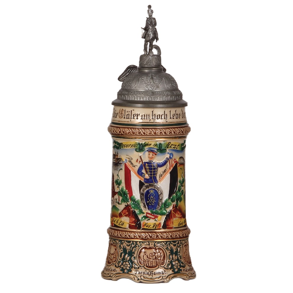 Regimental stein, .5L, Husaren Regt. Nr. 7 : Regimental stein, .5L, 12.1" ht., pottery, Husaren Regt. Nr. 7, 4. Esk., Bonn, 1907 - 1910, two side scenes, roster, eagle thumblift, named to: Reservist Arzt, mint.