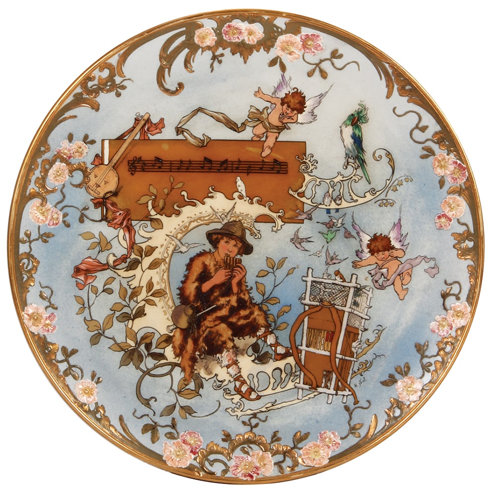 Mettlach plaque, 16.0" d., 2149, etched, by H. Schlitt, mint.: Mettlach plaque, 16.0" d., 2149, etched, by H. Schlitt, mint.