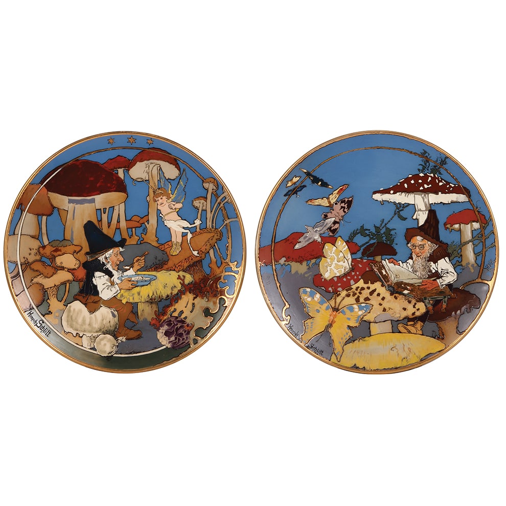 Pair Mettlach plaques, 16.2", 2697 & 2698 Toadstool plaques : Pair Mettlach plaques, 16.2", 2697 & 2698, etched, by H. Schlitt, Toadstool plaques, 2698 has 10% gold rim wear, otherwise mint.