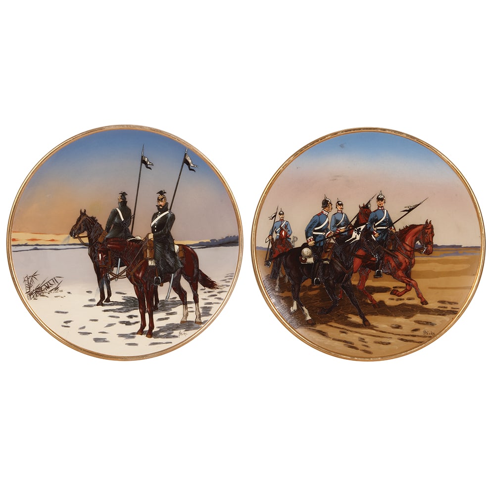 Pair Mettlach plaques, 15.3" d., 2078 & 2079, Ulanen & Dragoner : Pair Mettlach plaques, 15.3" d., 2078 & 2079, etched, by Stöcke, Ulanen & Dragoner, mint.