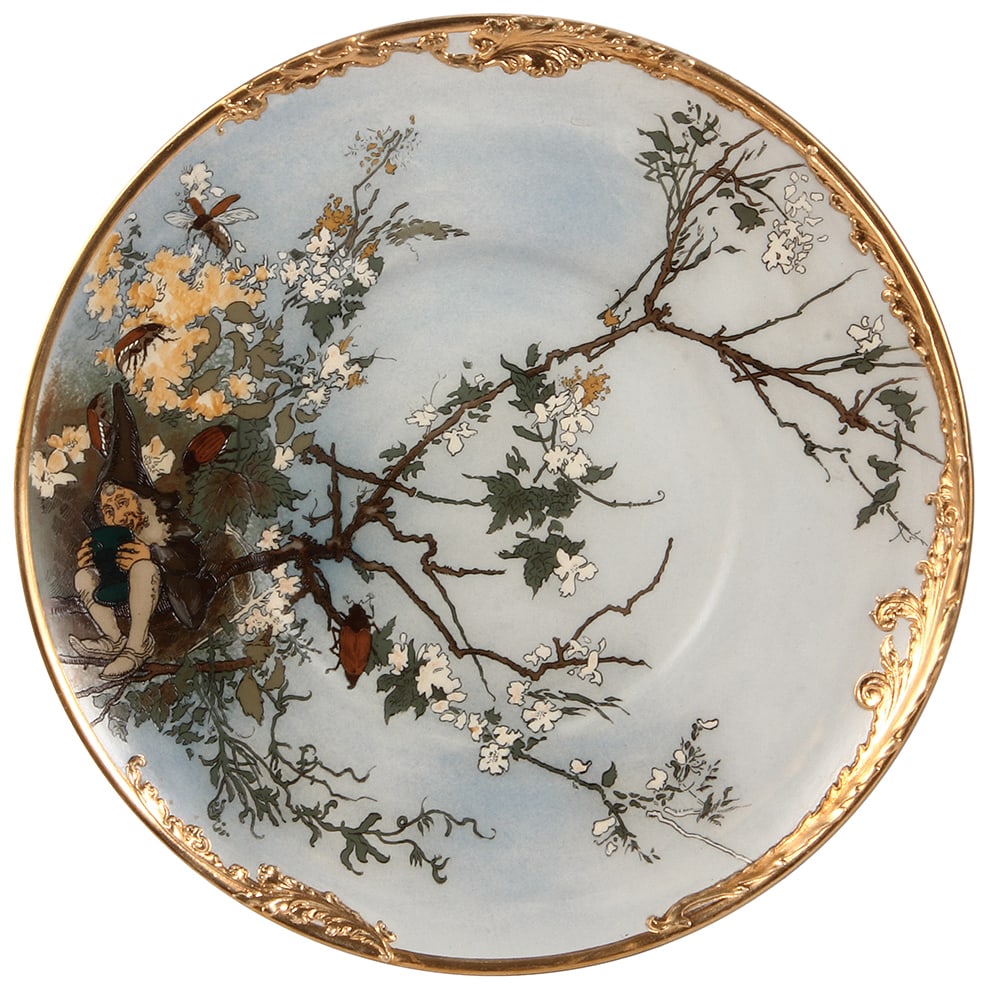 Mettlach plaque, 16.3" d., 2088 by H. Schlitt : Mettlach plaque, 16.3" d., 2088, etched, by H. Schlitt, manufactured with holes to display on wall, also used as an underplate for punch bowl, mint.