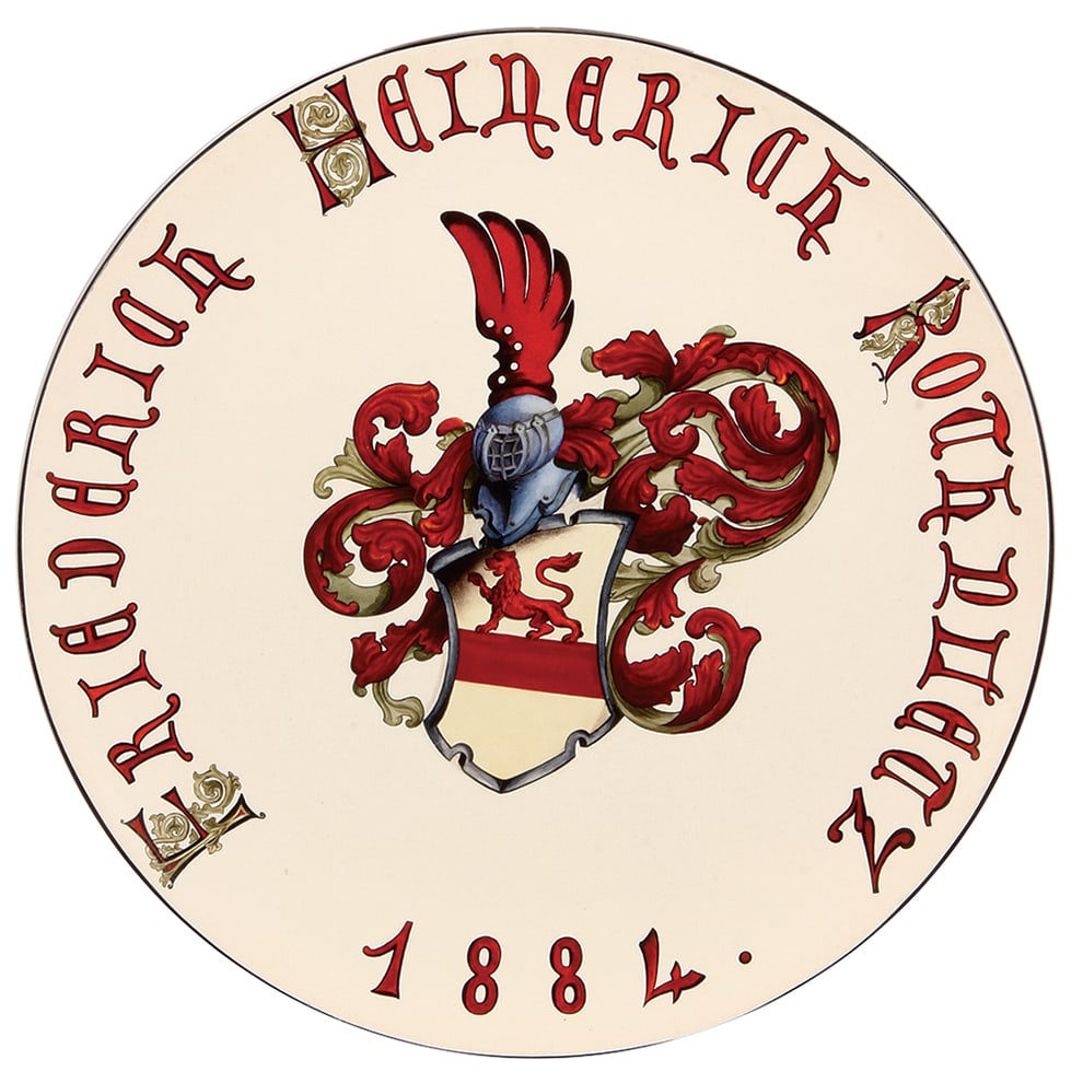 Mettlach plaque, 17.2"d., 1044 Friedericus Rothpletz 1884 : Mettlach plaque, 17.2"d., 1044, hand-painted, marked Friedericus Rothpletz Hune Discum Patri Suo Pinxit, Anno 1884, rare, mint.