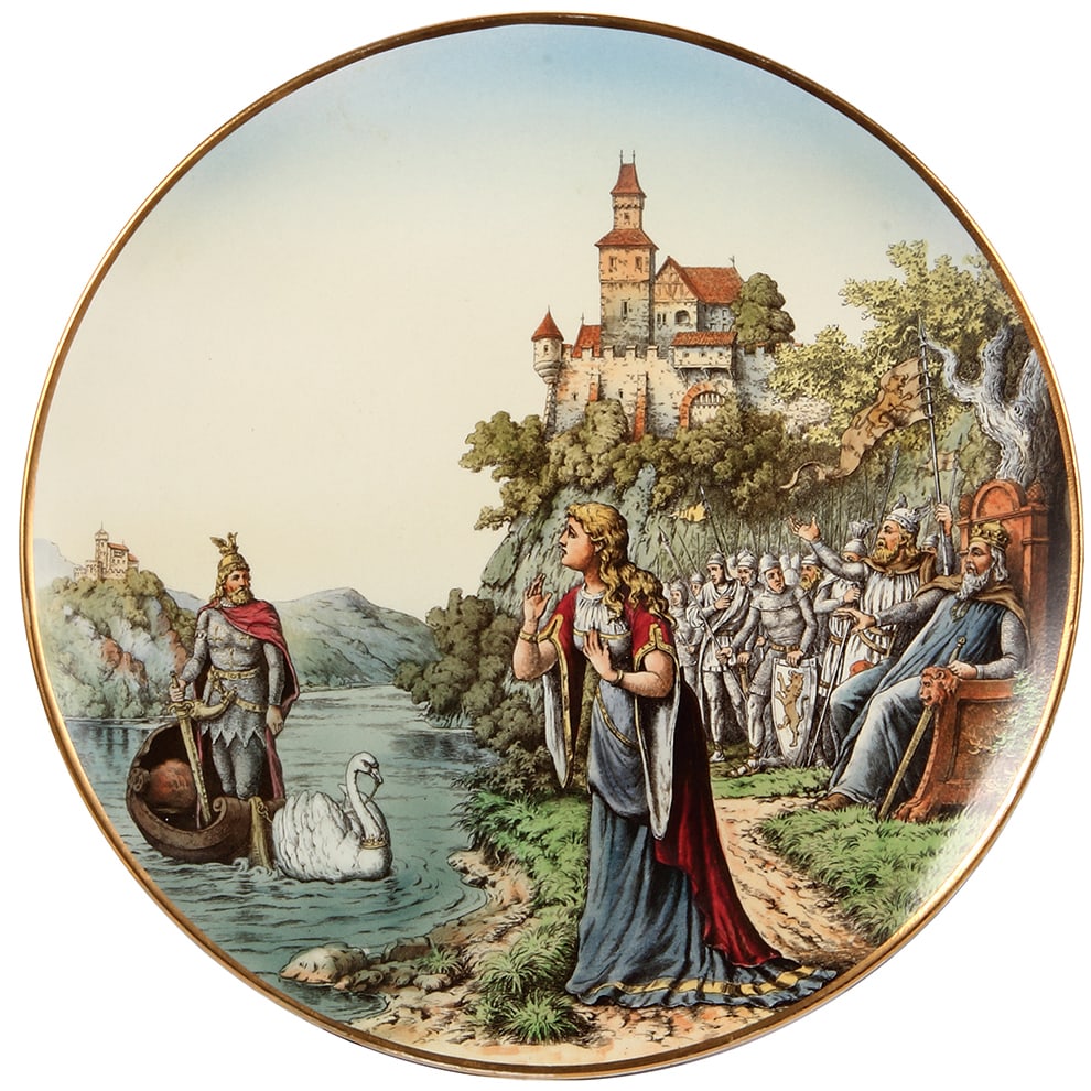 Mettlach plaque, 17.5"d., 1044/263, Lohengrin : Mettlach plaque, 17.5"d., 1044/263, PUG, Lohengrin arriving, mint.