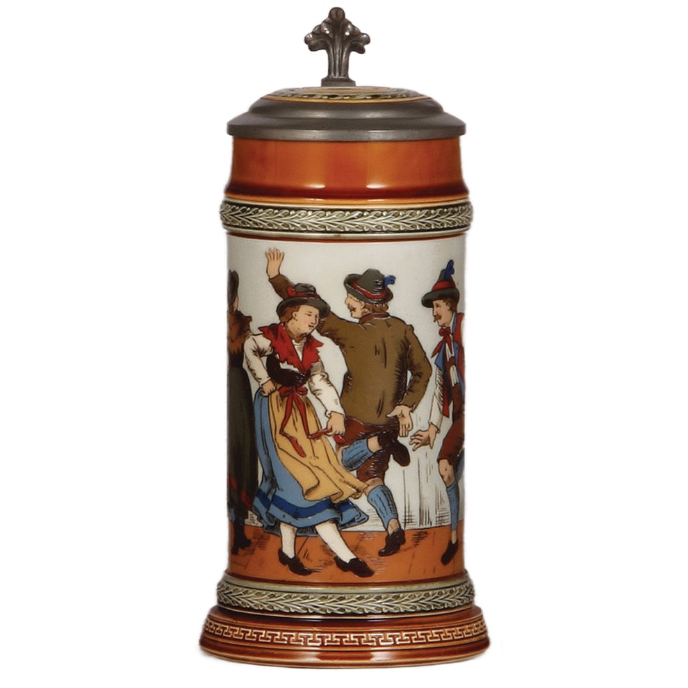 Mettlach stein, .5L, 1655 : Mettlach stein, .5L, 1655, etched, inlaid lid, mint.