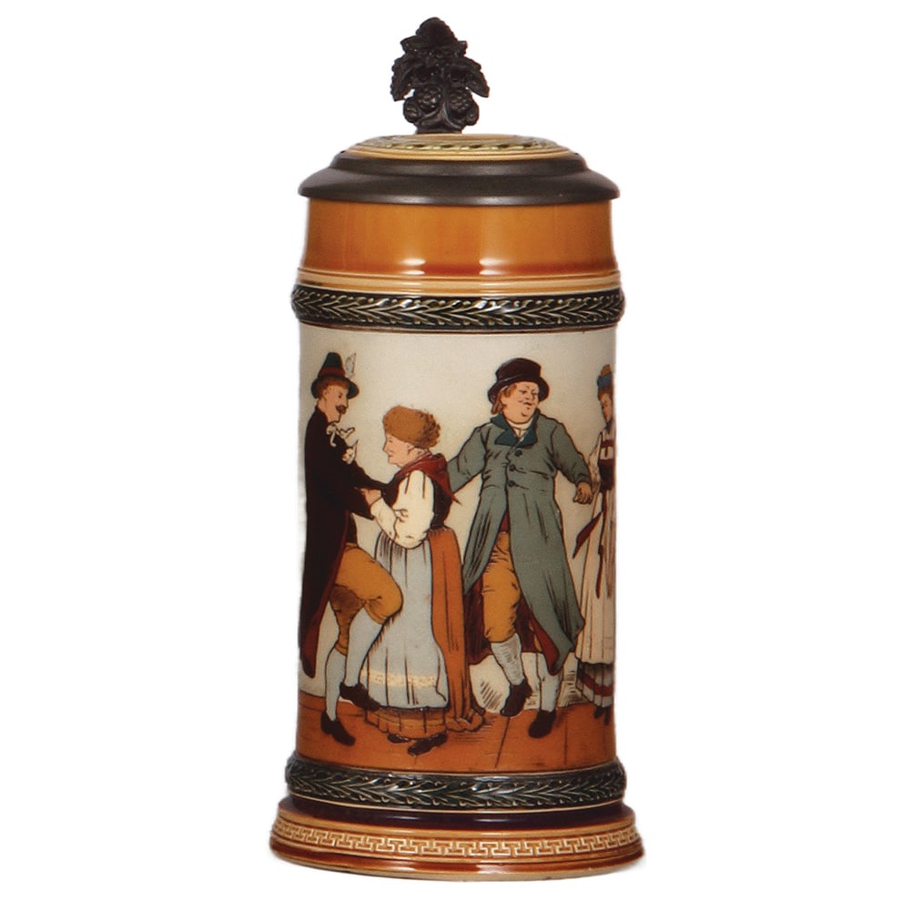 Mettlach stein, .5L, 1656 : Mettlach stein, .5L, 1656, etched, inlaid lid, mint.