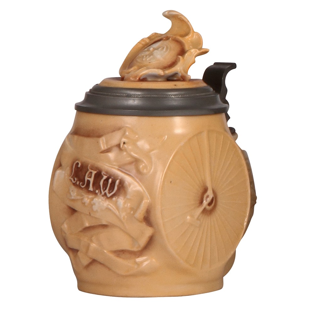 Character stein, .5L, Legion of American Wheelman : Character stein, .5L, porcelain, marked Musterschutz, by Schierholz, L.A.W. (Legion of American Wheelman), lithophane with high-wheel bike, mint.