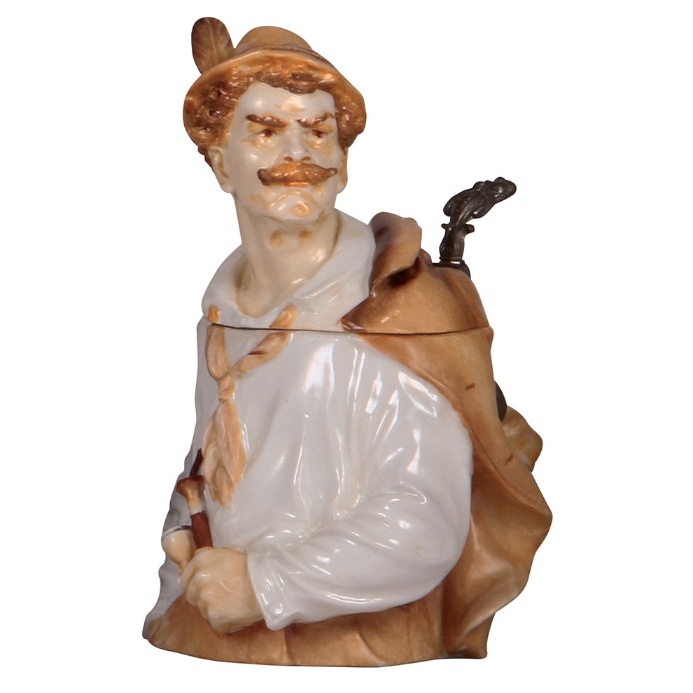 Character stein, .5L, Alpine Man : Character stein, .5L, porcelain, marked Musterschutz, by Schierholz, Alpine Man, two small shallow chips on rear of shoulder.