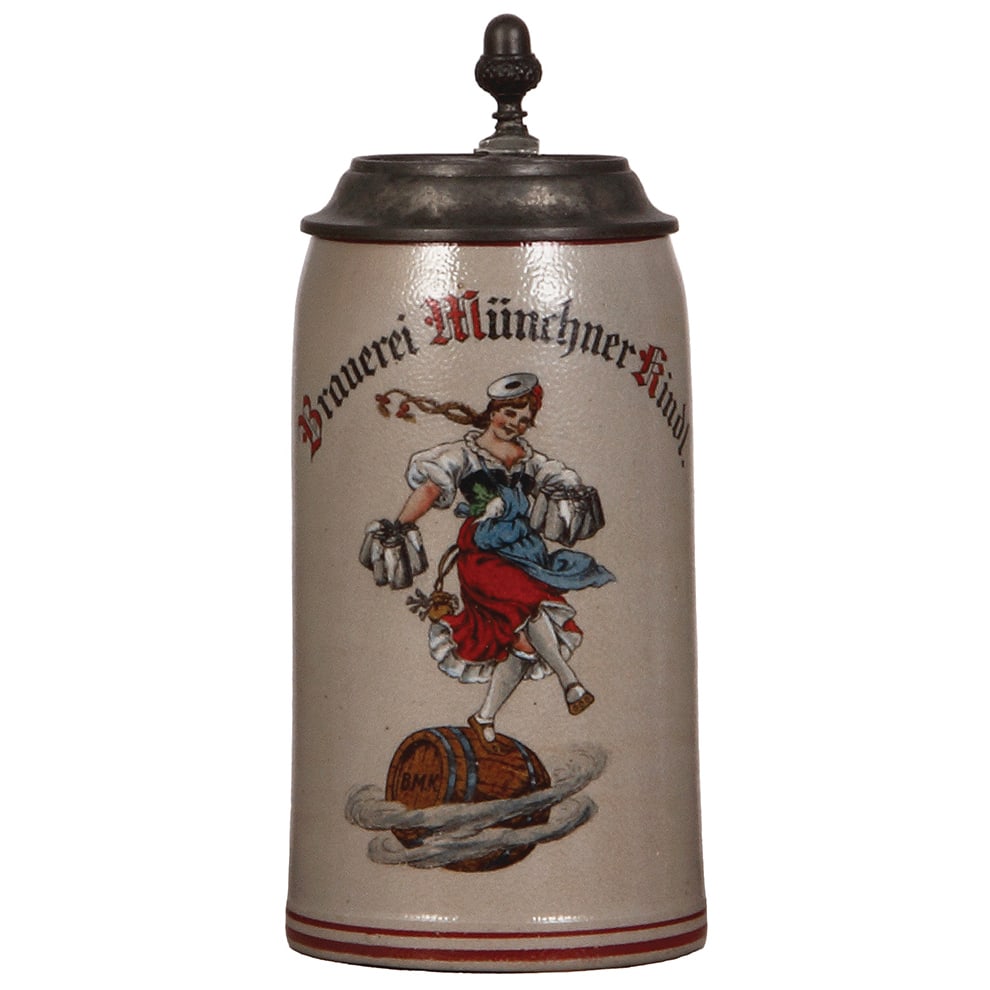 Brewery stein, 1.0L, Brauerei zum Münchner Kindl : Brewery stein, stoneware, 1.0L, transfer & hand-painted, Brauerei zum Münchner Kindl, relief pewter lid, mint.