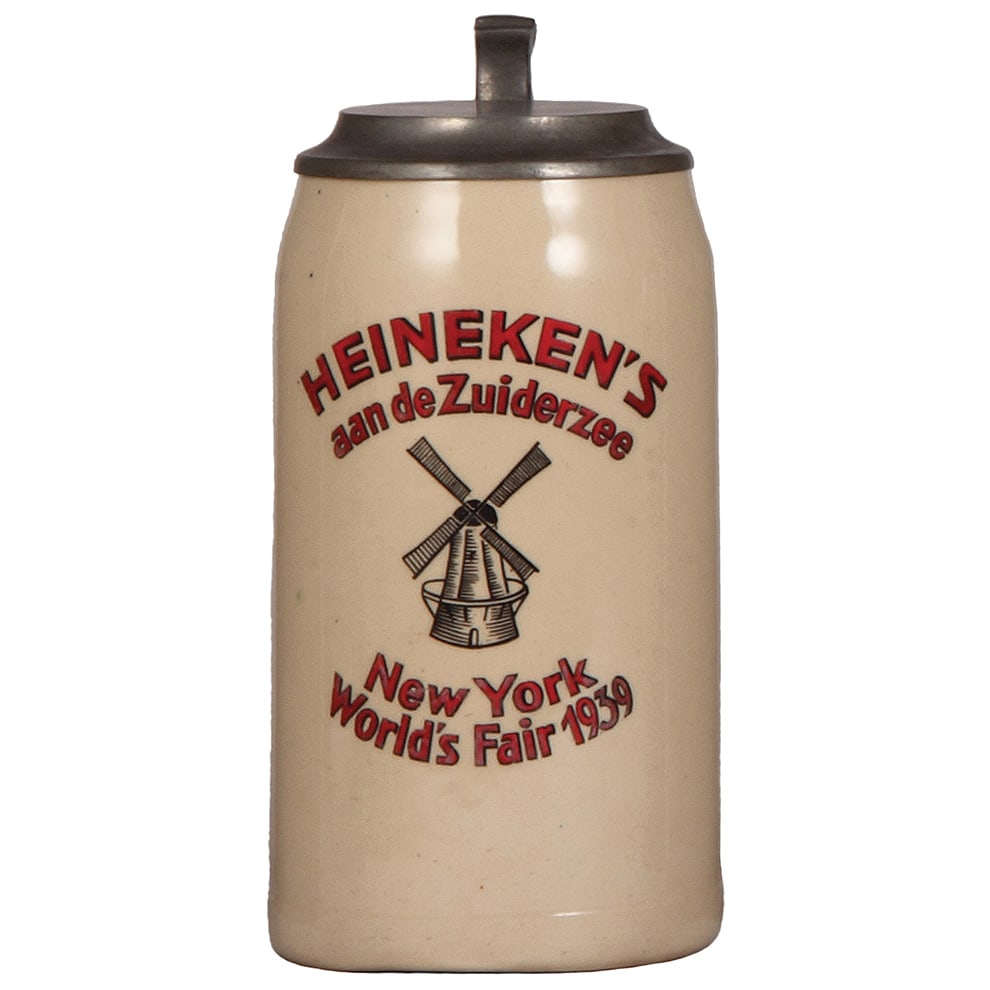 World's Fair stein, 1.0L, Heineken's aan de Zuiderzee, World's Fair 1939 : World's Fair stein, pottery, 1.0L, transfer & hand-painted, Heineken's aan de Zuiderzee, New York World's Fair 1939, pewter lid, mint.