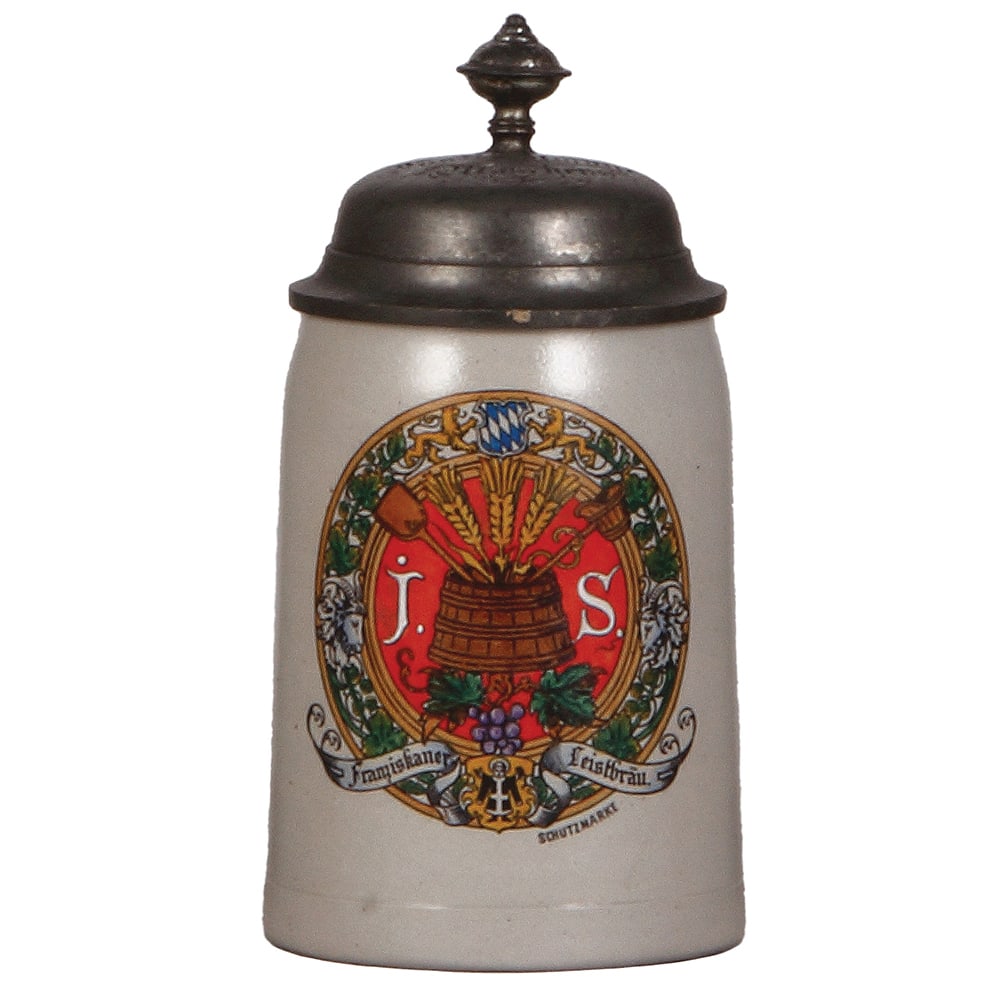Brewery stein, .4L, Franziskaner Leistbrau : Brewery stein, stoneware, .4L, transfer & hand-painted, Franziskaner Leistbrau, incised pewter lid, mint.