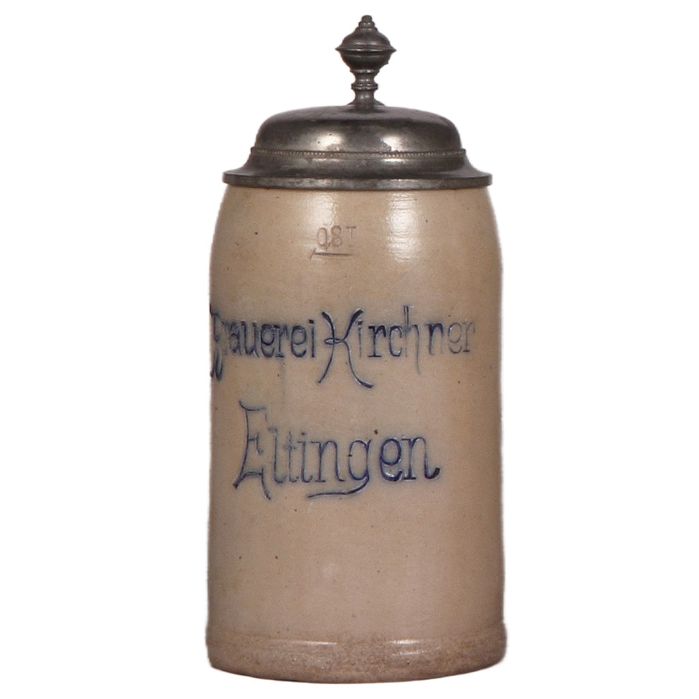 Brewery stein, .8L, Brauerei Kirchner Eltingen : Brewery stein, stoneware, .8L, incised, Brauerei Kirchner Eltingen, pewter lid, pewter strap repaired, interior top rim chip.