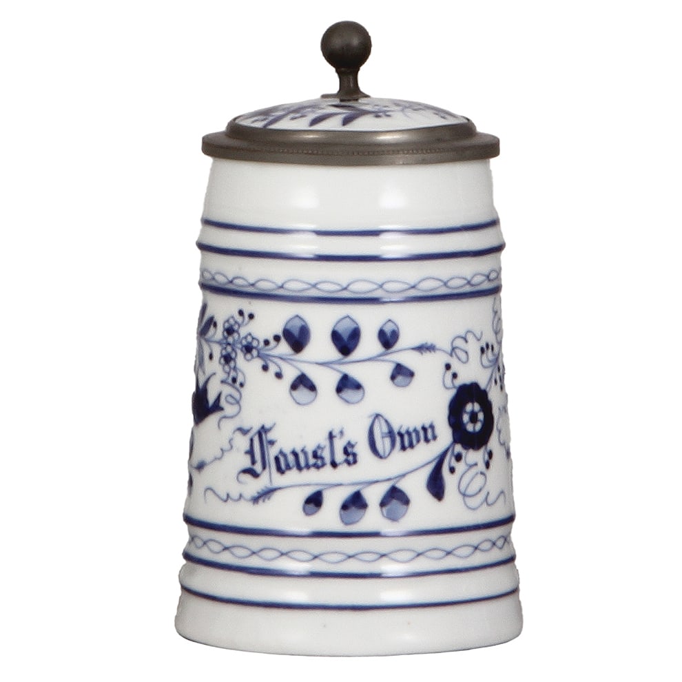 Brewery stein, .5L, Faust's Own : Brewery stein, porcelain, .5L, hand-painted, Faust's Own, porcelain inlaid lid, photo image of Tony Faust on underside, lithophane, mint.