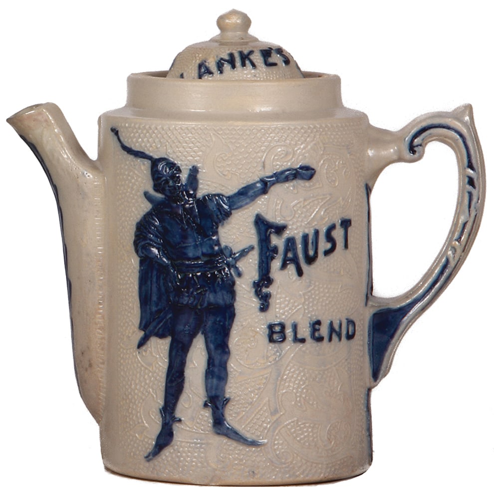 Stoneware coffee pot, 9.0" ht., Faust Blend, Blanke's Drip Coffee Pot : Stoneware coffee pot, 9.0" ht., relief, by Whites, Utica, N.Y., Faust Blend, Blanke's Drip Coffee Pot, set-on lid, good repair of the lid, body in good condition.