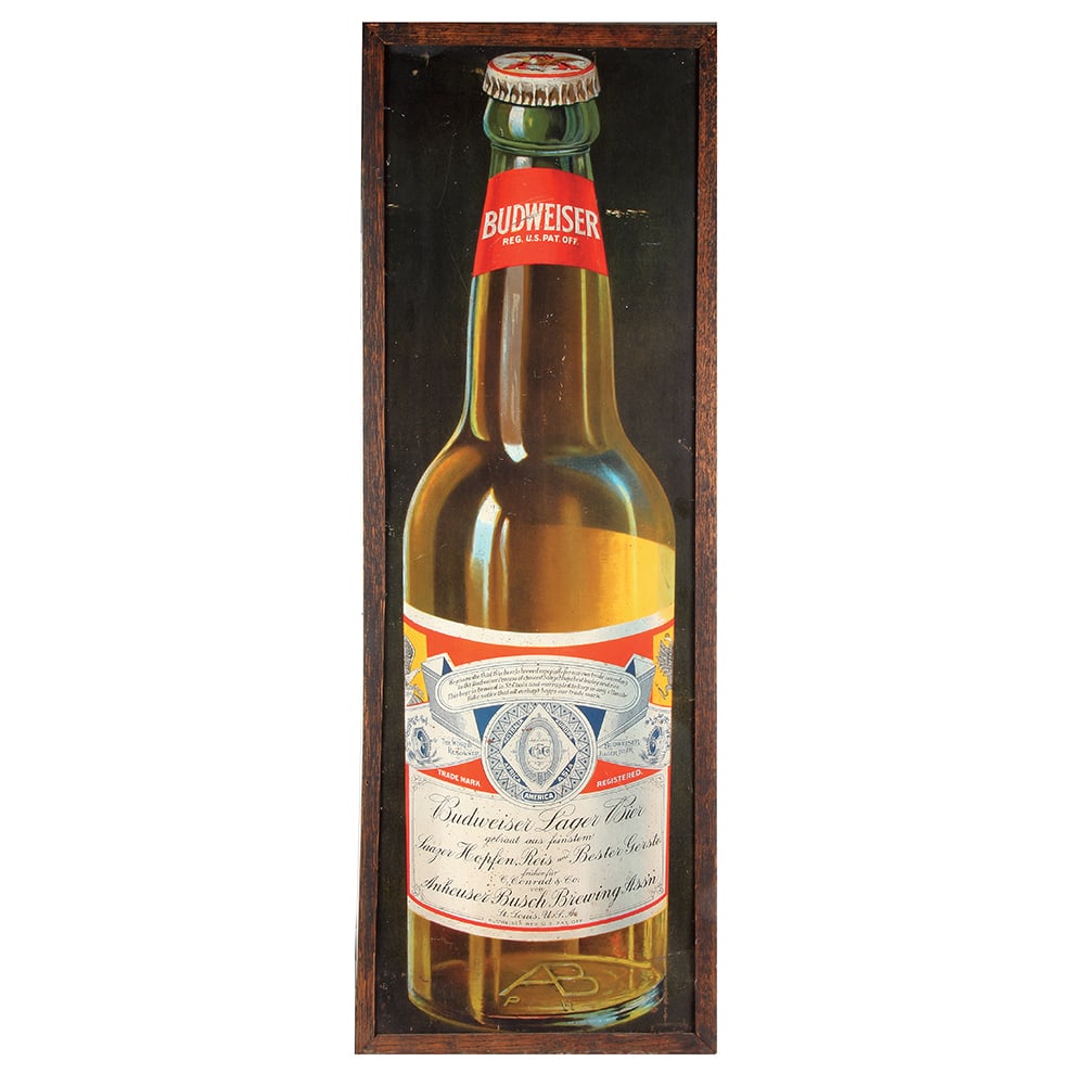 Budweiser pre-prohibition lithograph Budweiser bottle : Budweiser pre-prohibition lithograph, framed 41.0'' x 14.3'', made by Mayer & Lavenson Co., N.Y., Budweiser bottle, surface rust blemished from hanging near the ocean, dents, glued frame seperating on