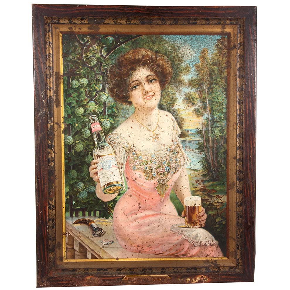 Budweiser pre-prohibition lithograph, Budweiser bottle and beer glass : Budweiser pre-prohibition lithograph, framed 28.5'' x 22.3'', made by Mayer & Lavenson Co., N.Y., woman seated holding a Budweiser bottle and beer glass, surface rust blemished from hanging near the o