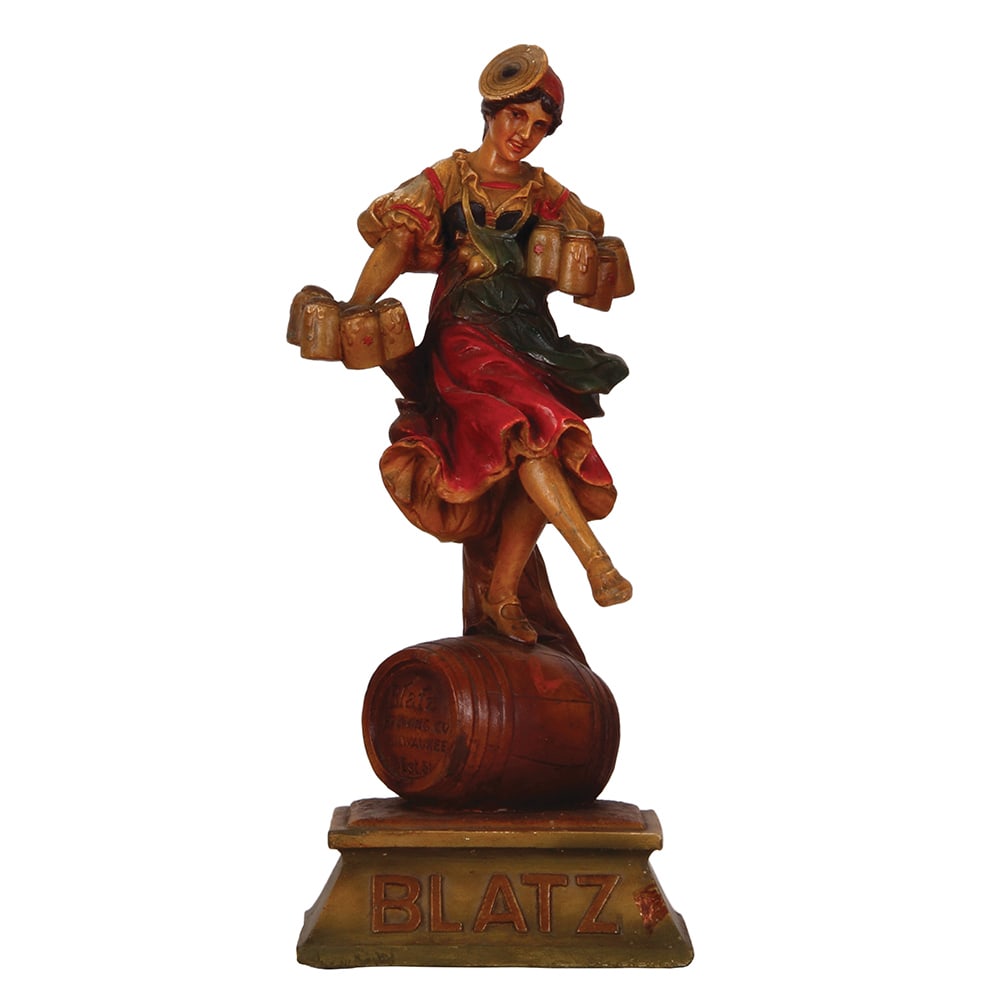 Brewery pre-prohibition advertising figurine, Blatz Brewing Co., Milwaukee : Brewery pre-prohibition advertising figurine, 18.8" ht., Braulisl, Blatz Brewing Co., Milwaukee, Established 1851, good condition with some flaws.