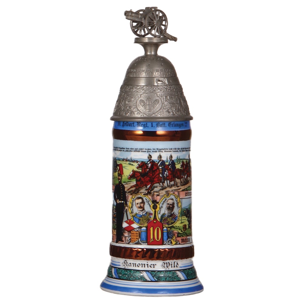 Regimental stein, .5L, 10. Feld Artl. Regt., Erlangen : Regimental stein, .5L, 11.6" ht., porcelain, 10. Feld Artl. Regt. 1. Batt., Erlangen, 1909 - 1911, four side scenes, roster, lion thumblift, named to: Kanonier Wild, screw-off lid, mint.