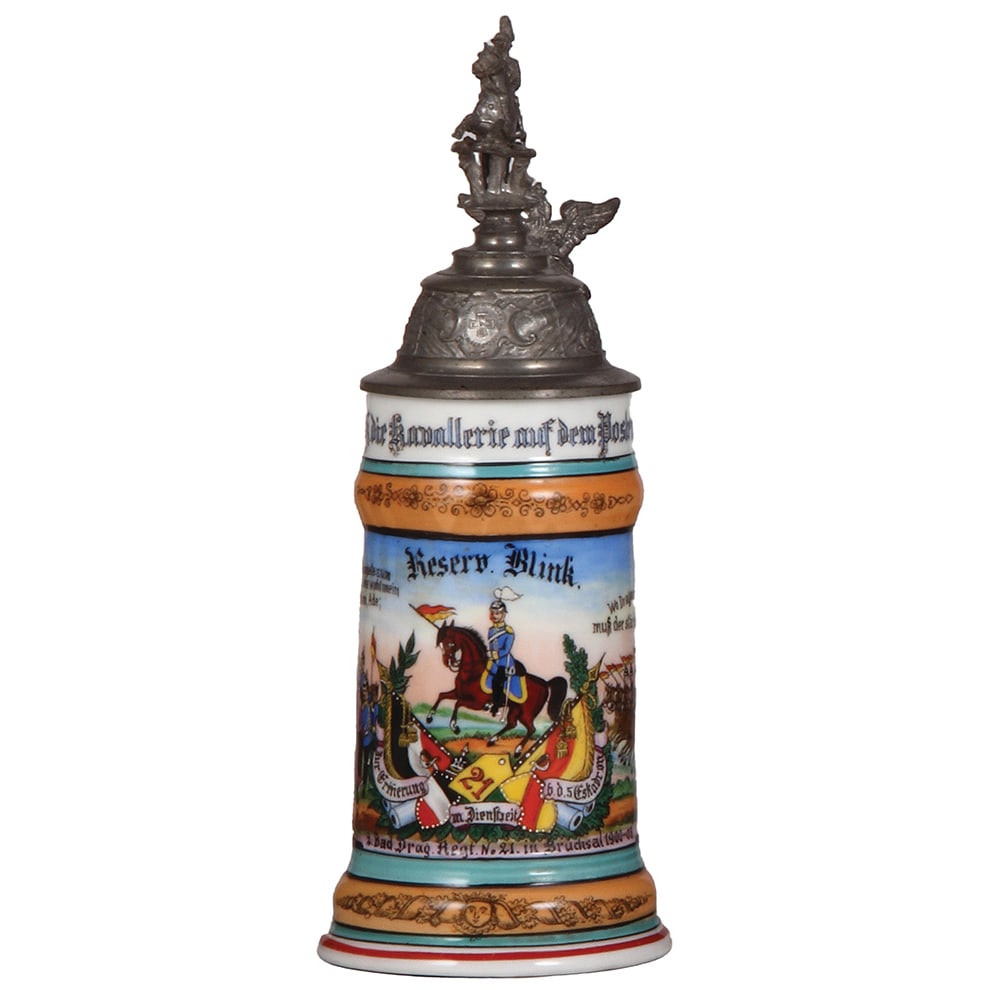 Regimental stein, .5L, Drag. Regt. Nr. 21, Bruchsal : Regimental stein,.5L, 12.0" ht., porcelain, Drag. Regt. Nr. 21, Bruchsal, 1900 - 1903, two side scenes, roster, griffin thumblift, named to: Reserv. Blink, lithophane lines.