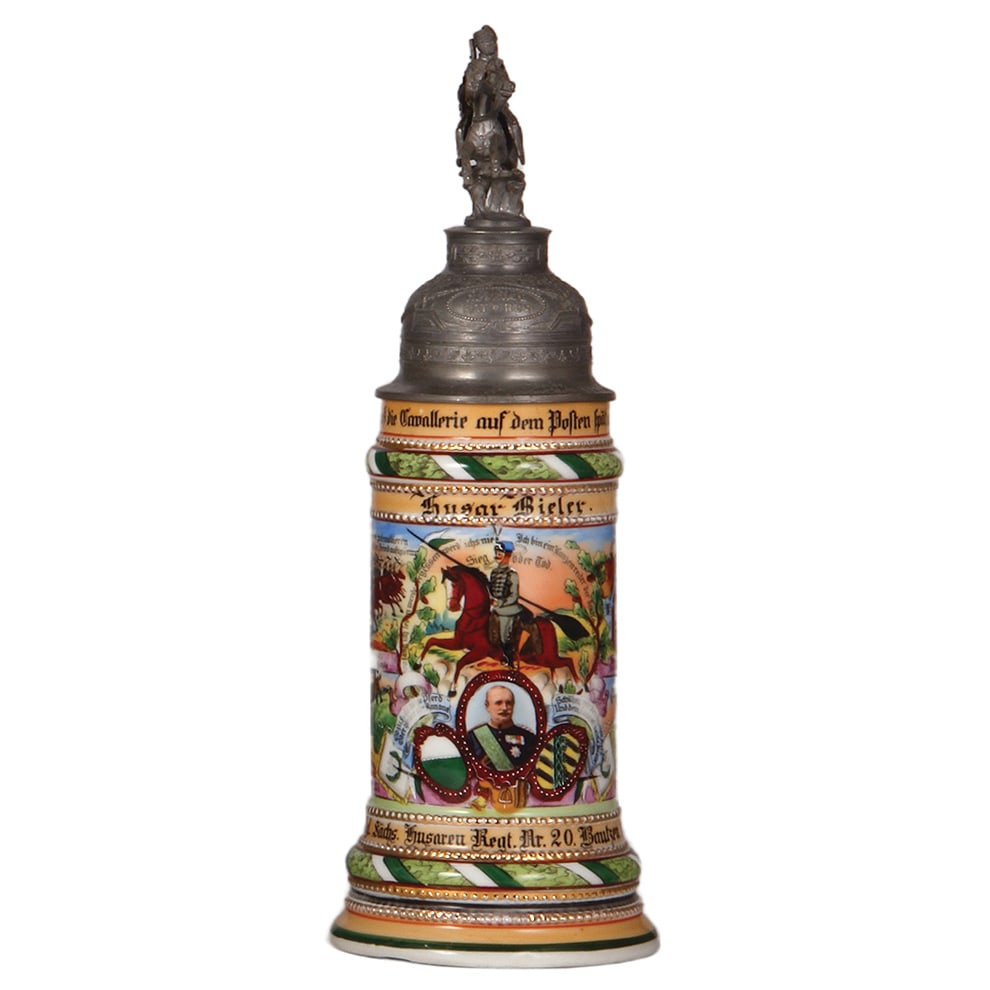 Regimental stein, .5L, Husaren Regt. Nr 20, Bautzen : Regimental stein, .5L, 13.1" ht., porcelain. Kgl. Sächs., 3. Husaren Regt. Nr 20, 2. Esk., Bautzen, 1911 - 1914, four side scenes, roster, Saxon thumblift, screw-off lid with relief & glass jewel, na