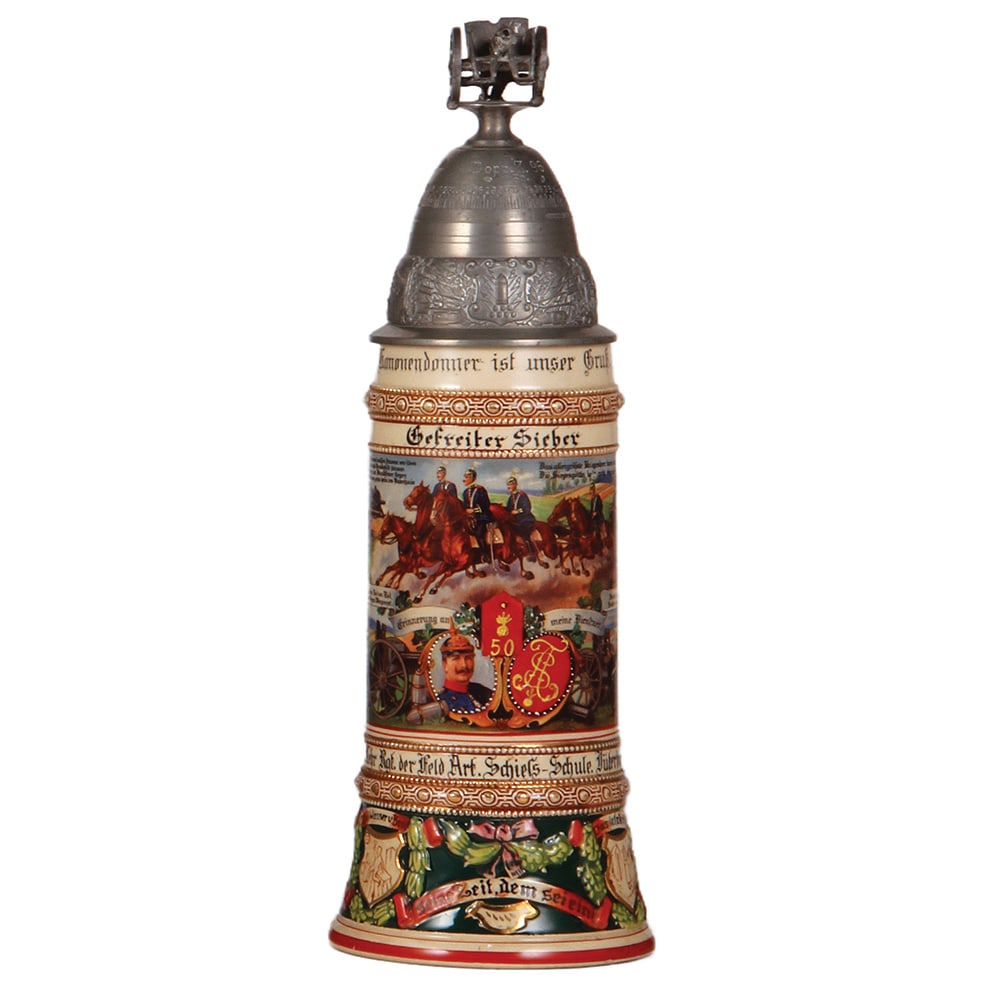 Regimental stein, .5L, Lehr Regt. der Feld Artl. Schiess-Schule, Jüterbog & Feld Artl. 50 : Regimental stein, .5L, 12.9" ht., pottery, 2. Batt., Lehr Regt. der Feld Artl. Schiess-Schule, Jüterbog & Feld Artl. 50, 1909 - 1911, four side scenes, roster, eagle thumblift, named to: Gefreiter Si