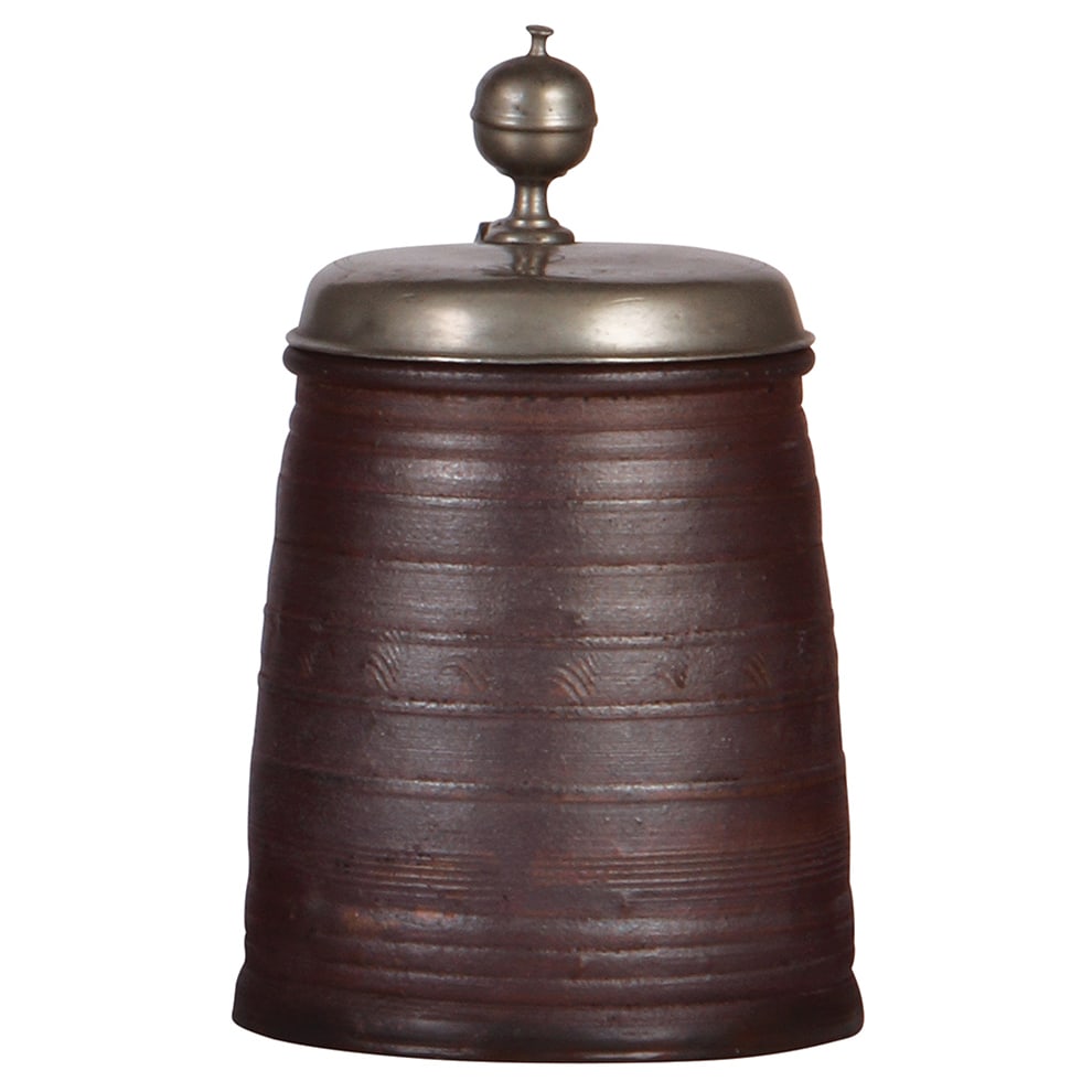 Dreihausener Walzenkrug, 8.2" ht., c.1740 : Dreihausener Walzenkrug, 8.2" ht., c.1740, stoneware, pewter lid, rare, good repair of base flakes, otherwise very good condition.