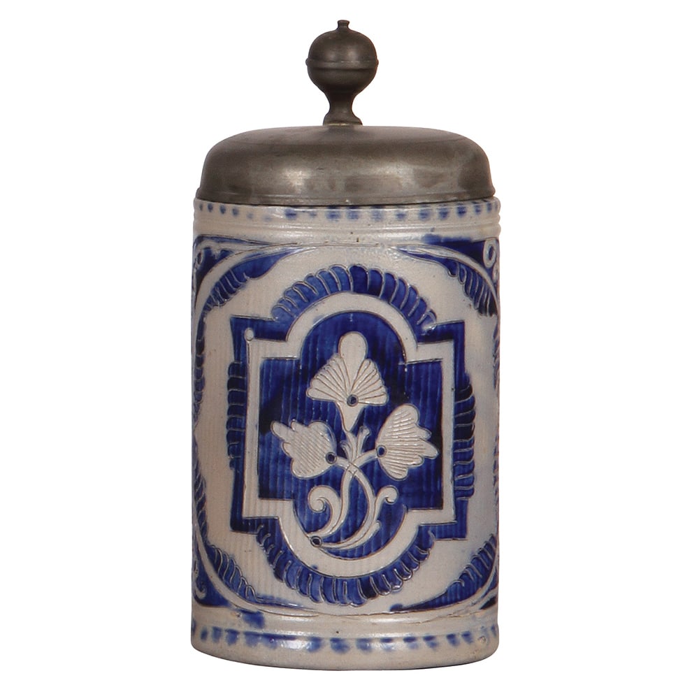 Westerwälder Walzenkrug, 9.7" ht., late 1700s : Westerwälder Walzenkrug, 9.7" ht., late 1700s, stoneware, incised, blue saltglaze, pewter lid, pewter touch mark, very good condition.