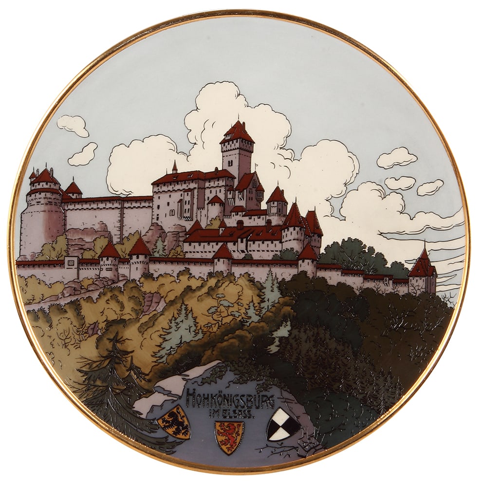 Mettlach plaque, 17.3" d., 3182, Hohkönigsburg : Mettlach plaque, 17.3" d., 3182, etched, Hohkönigsburg im Elsass, mint.