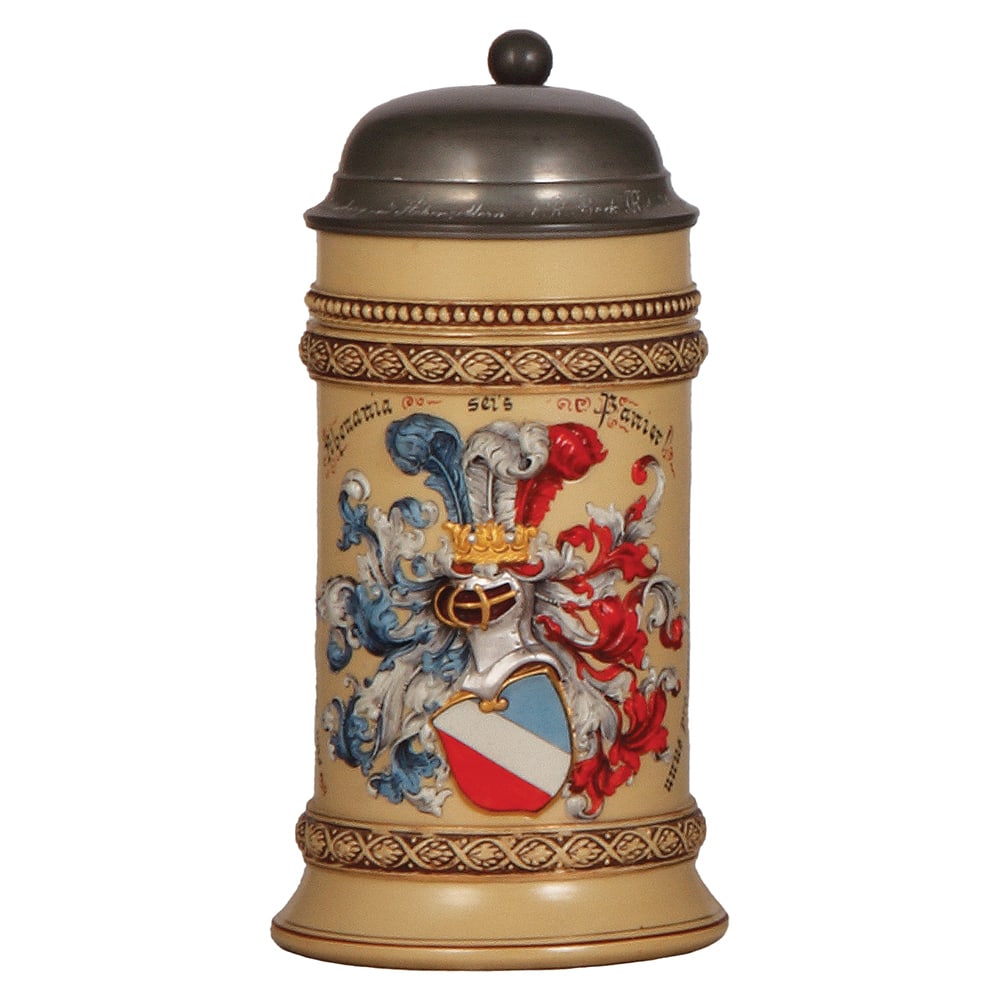 Student stein, .5L, Mettlach, 62 : Student stein, .5L, Mettlach, 62, relief & hand-painted, student society, Rhenania, inscription dated 1896, pewter lid, mint.