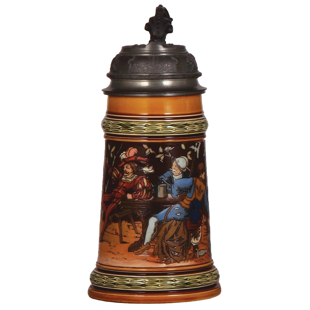 Mettlach stein, .5L, 1527,relief pewter lid : Mettlach stein, .5L, 1527, etched, by C. Warth, fantastic relief pewter lid by Lichtinger, München, mint.