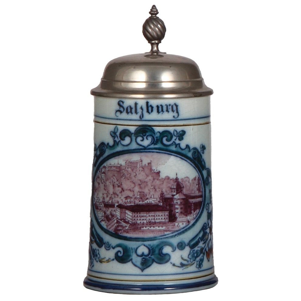 Mettlach stein, .3L, 5006, Salzburg, : Mettlach stein, .3L, 5006, Faience, Salzburg, pewter lid, rare size, mint.