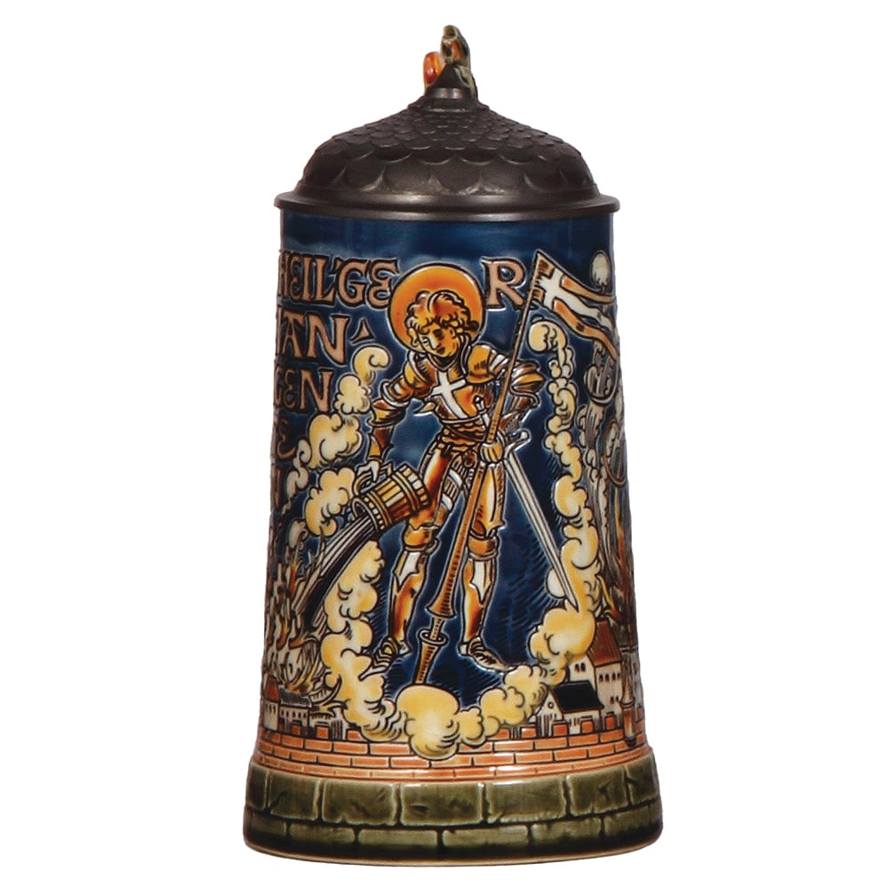 Mettlach stein, .5L, 1786, St. Florian : Mettlach stein, .5L, 1786, etched, St. Florian, by Otto Hupp, pewter lid, small flake touch-up on green.