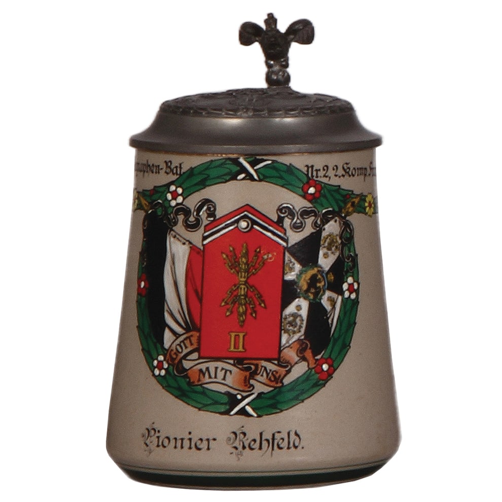 Regimental stein, .5L, Telegrapher Bat. Nr. 2, Frankfurt a.O.: Regimental stein, .5L, 6.5" ht., stoneware, 2. Komp., Telegrapher Bat. Nr. 2, Frankfurt a.O., 1909 - 1911, roster, eagle thumblift, named to: Pionier Rehfeld, mint