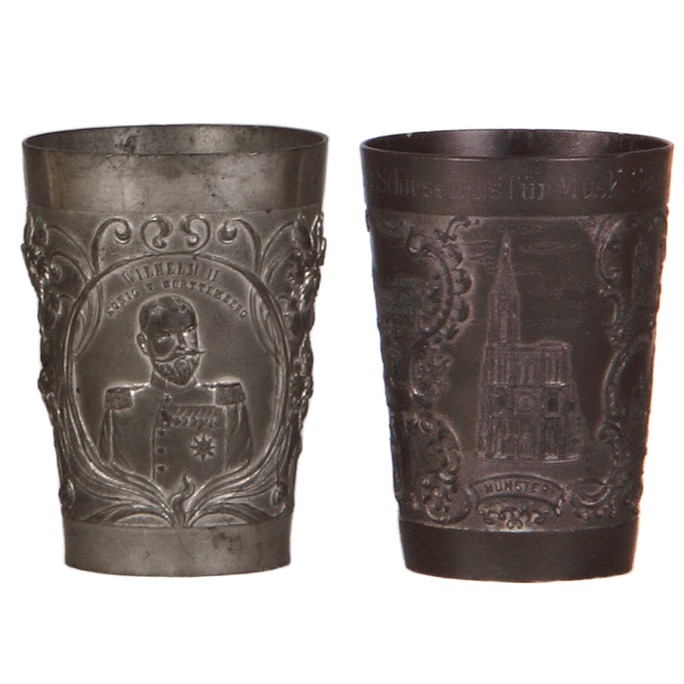 Pewter beakers, two, 4.3" ht., relief, military scenes. (1 of 3)