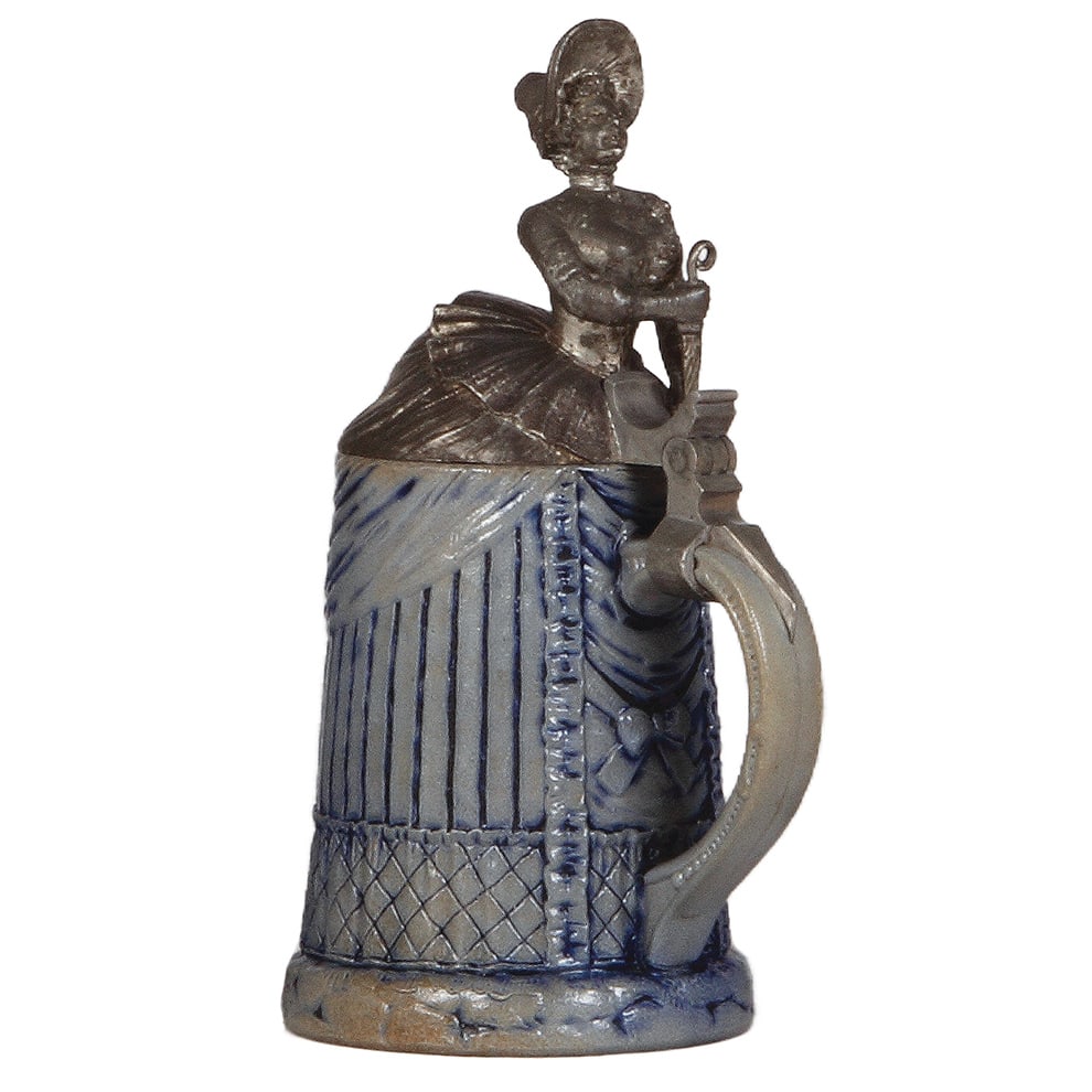 Character stein, .5L, Bustle Lady : Character stein, .5L, stoneware, marked H.R., by Hauber & Reuther, Bustle Lady, blue saltglaze, mint.