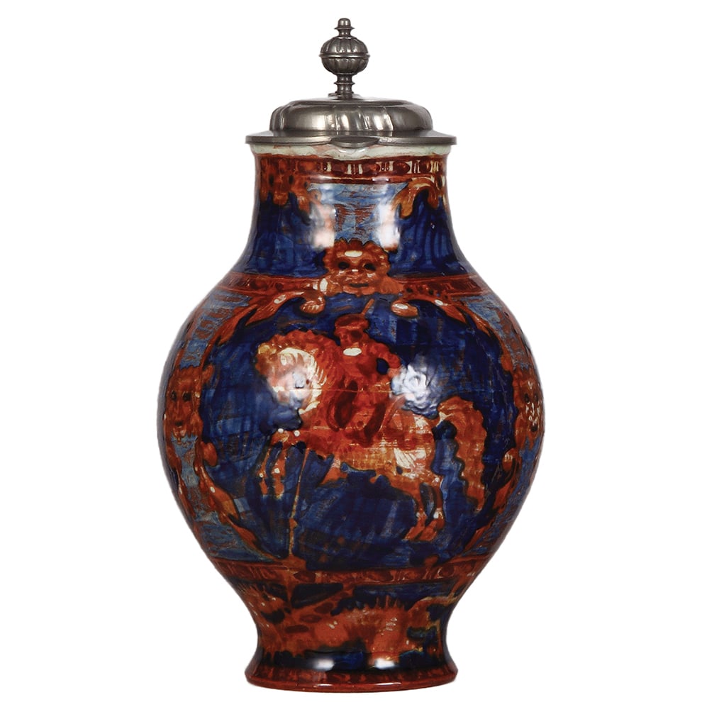 Terra cotta stein, 12.8" ht., Münchener Werkstätten Für Keramik Kunst : Terra cotta stein, 12.8" ht., hand-painted majolica, marked Münchener Werkstätten Für Keramik Kunst, St. George, pewter lid, very good condition.