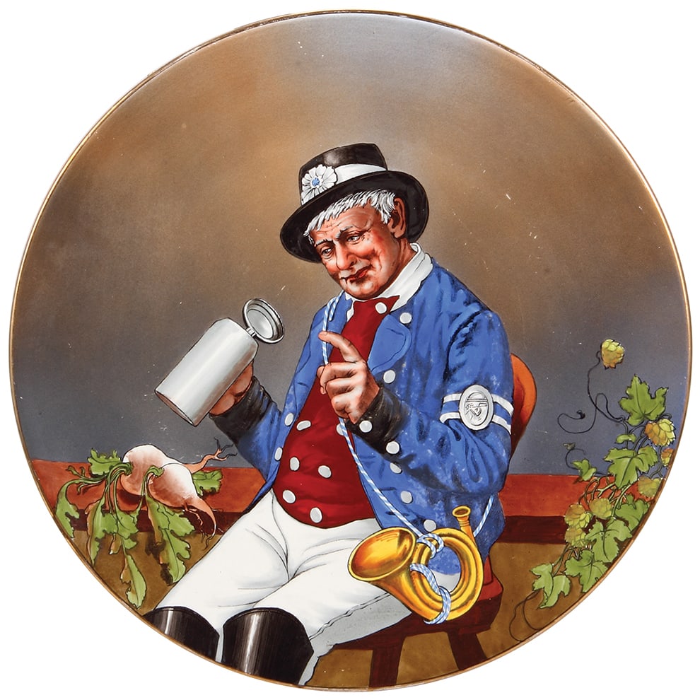 Mettlach plaque, 17.0" d., 1044/412, Postman : Mettlach plaque, 17.0" d., hand-painted, 1044/412, Postman, shallow chip on rear hanging rim, some wear.