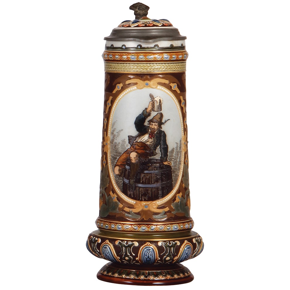 Mettlach stein, 1.4L, 2103 : Mettlach stein, 1.4L, 13.2" ht., 2103, etched, inlaid lid, mint.