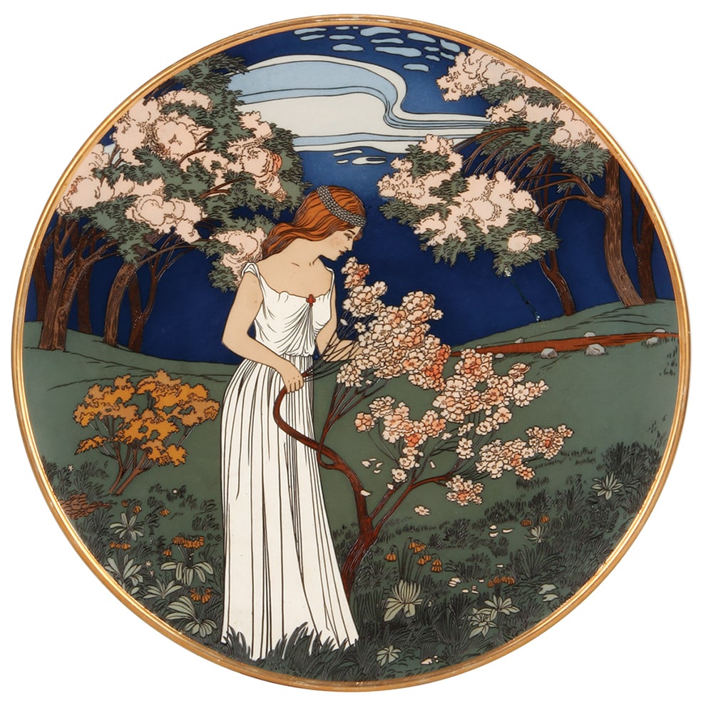 Mettlach plaque, 18.0" d., 2898, Spring : Mettlach plaque, 18.0" d., 2898, etched, signed H. Gradl, Spring (of the Four Seasons), mint.