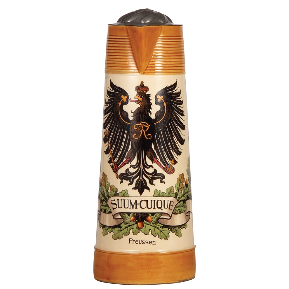 Mettlach stein, 3.2L, 1290A [2893], Preussen : Mettlach stein, 3.2L, 14.7" ht., 1290A [2893], PUG, Preussen, pewter lid, mint.