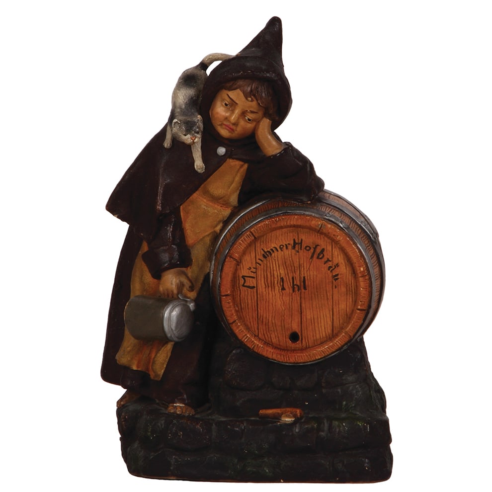 Munich Child figurine : Munich Child figurine, 10.3" ht., terra cotta, marked J.M. 9635, by Johann Maresch, side of barrel: Münchner Hofbräu, excellent condition.