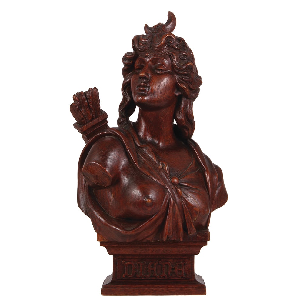 Black Forest wood carving 18.5" ht., Diana the Huntress : Black Forest wood carving, 18.5" ht., Diana the Huntress, made in Germany, c.1890, old paper label on underside of base, excellent quality & condition.