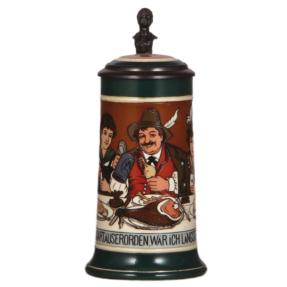 Mettlach stein, .5L, 3250 : Mettlach stein, .5L, 3250, etched, inlaid lid, mint.