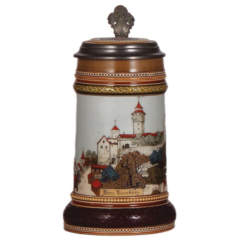 Mettlach stein, .5L, 2277, Burg Nürnberg : Mettlach stein, .5L, 2277, etched, Burg Nürnberg, inlaid lid, mint.