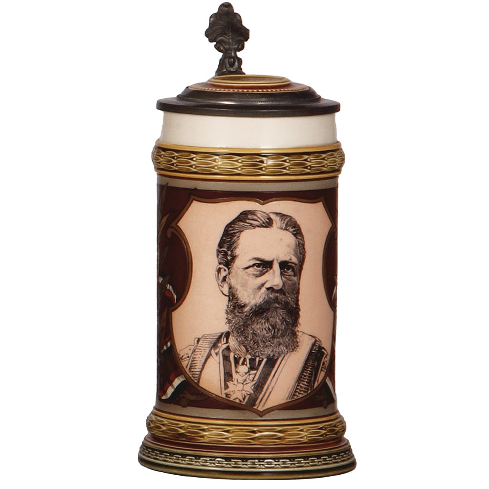 Mettlach stein, .5L, 1861, Frederick III : Mettlach stein, .5L, 1861, etched & PUG, Frederick III, inlaid lid, mint.