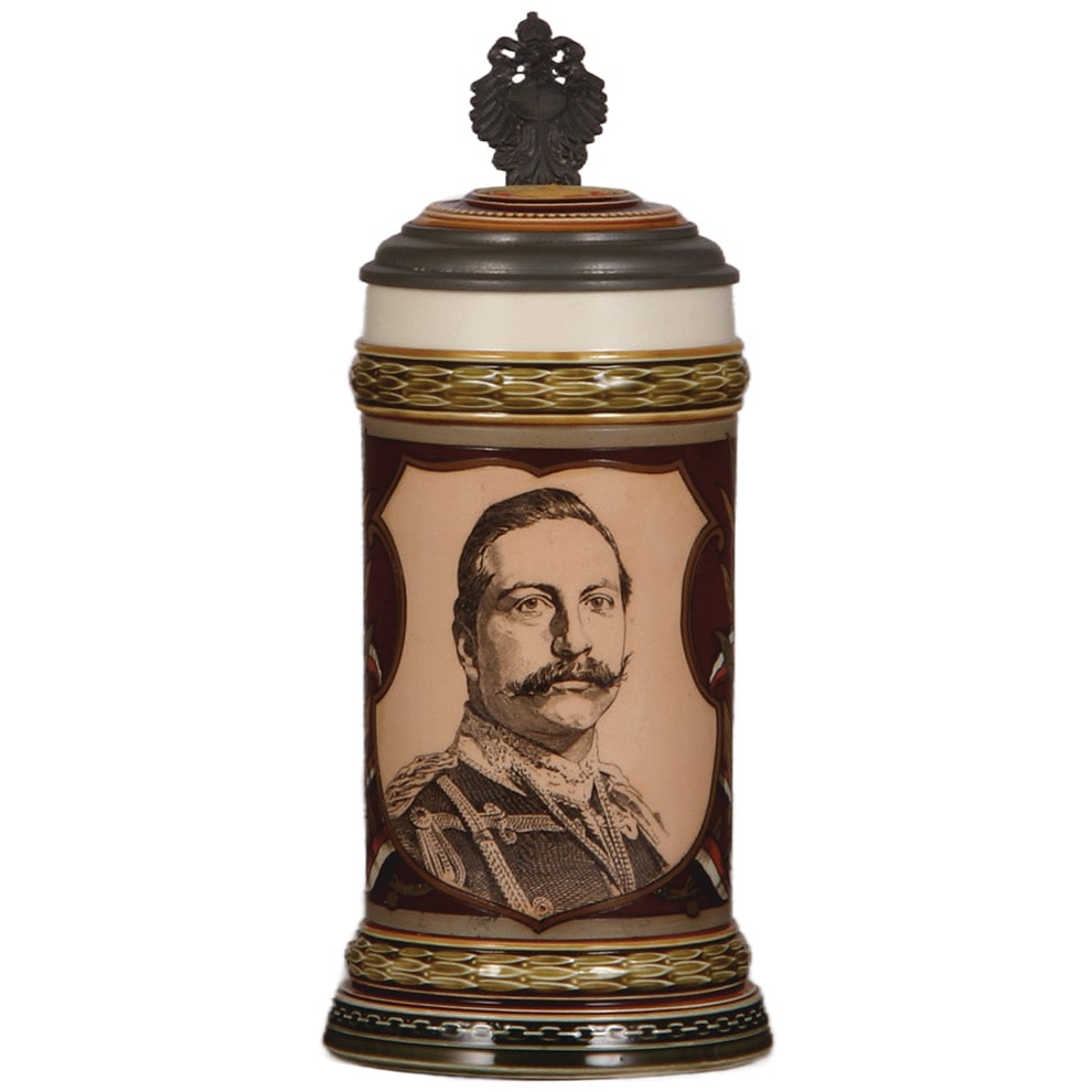 Mettlach stein, .5L, 1861, Wilhelm II : Mettlach stein, .5L, 1861, etched & PUG, Wilhelm II, inlaid lid, mint.